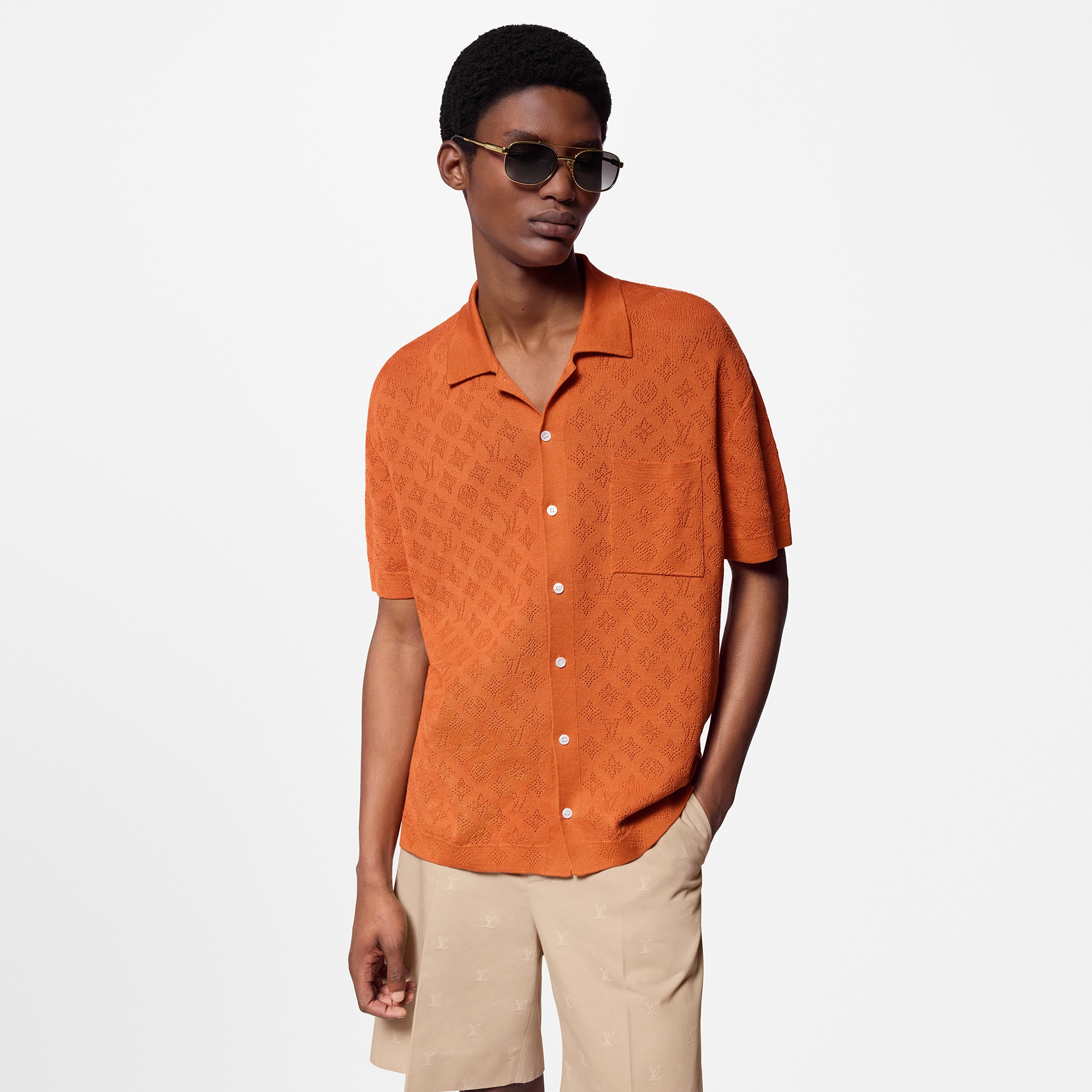 Camicia a maniche corte in cotone con motivo Monogram Pointelle  Uomo Abbigliamento Camicie | LOUIS VUITTON (Zoom prodotto)