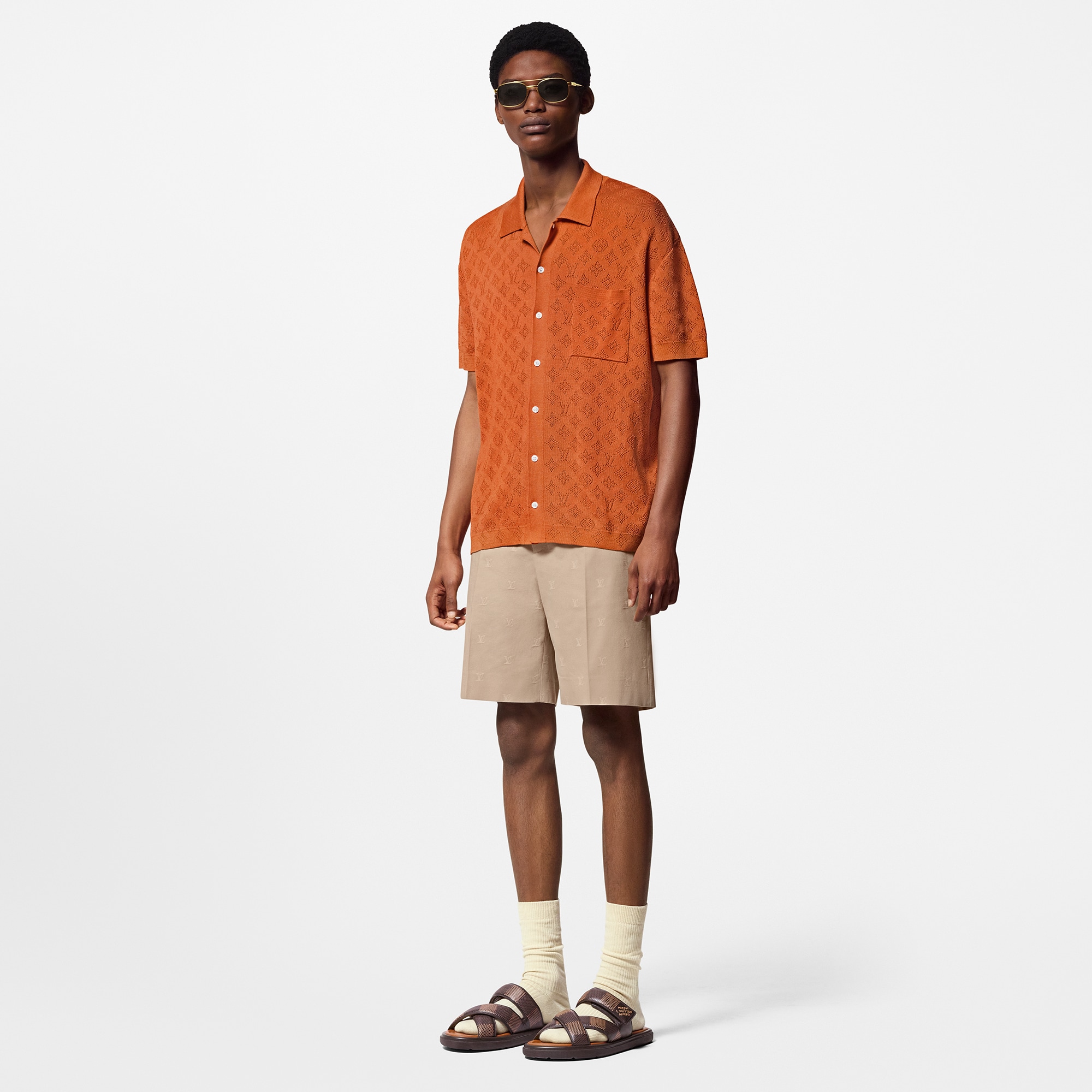 Camicia a maniche corte in cotone con motivo Monogram Pointelle  Uomo Abbigliamento Camicie | LOUIS VUITTON (Zoom prodotto)