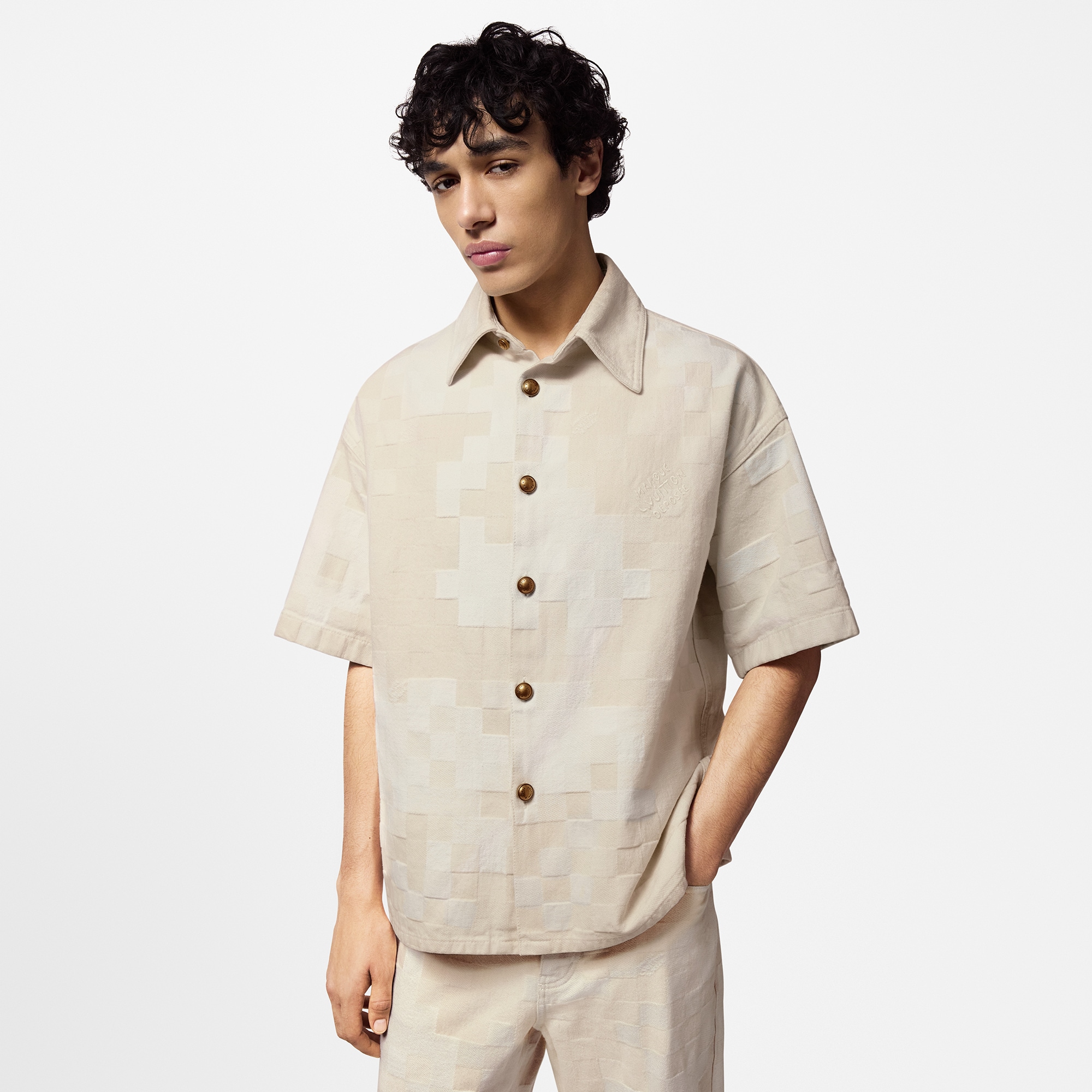 Camicia a maniche corte in denim con motivo Damier  Uomo Abbigliamento Camicie | LOUIS VUITTON (Zoom prodotto)