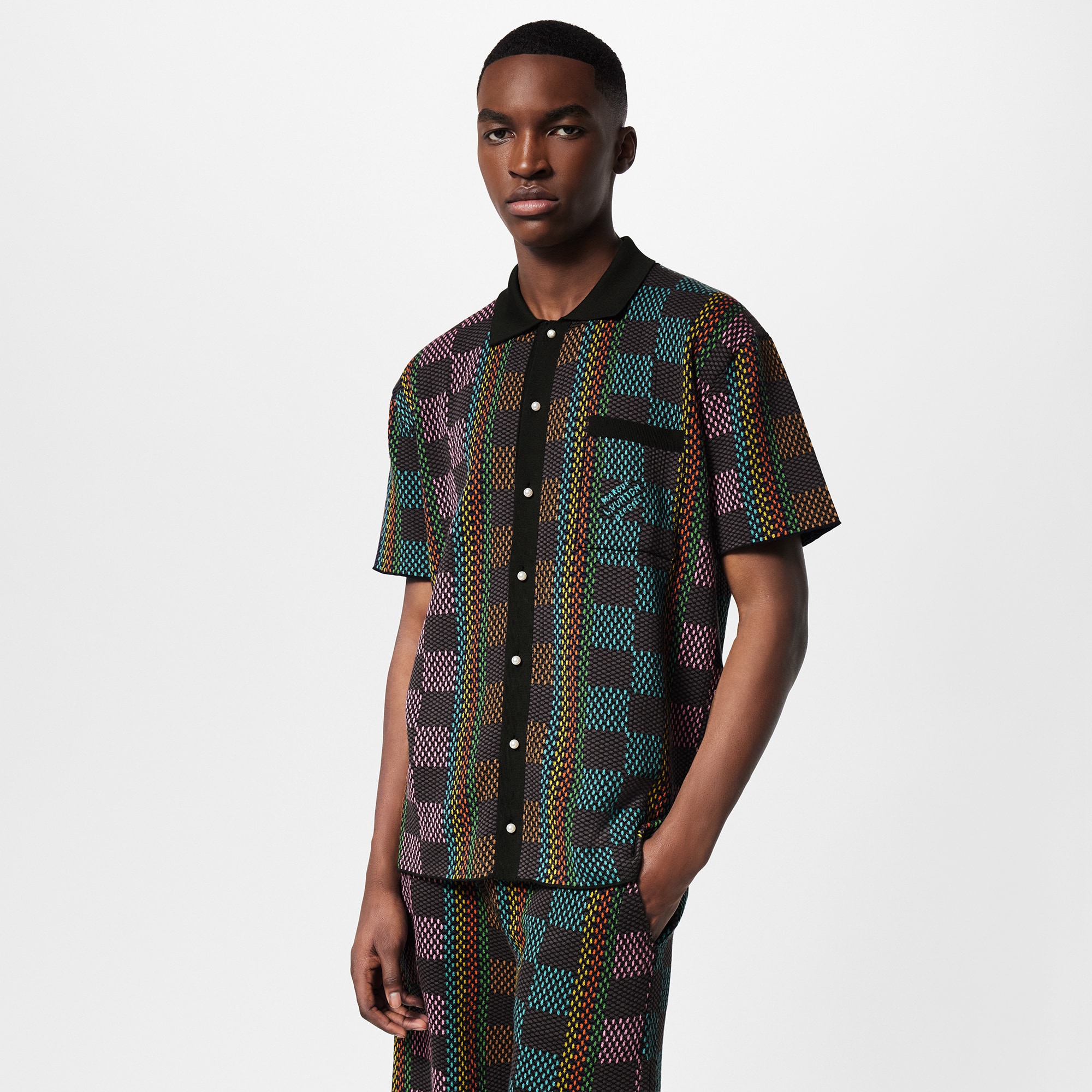 Camicia a maniche corte in maglia di cotone con motivo Damier  Uomo Abbigliamento Camicie | LOUIS VUITTON (Zoom prodotto)