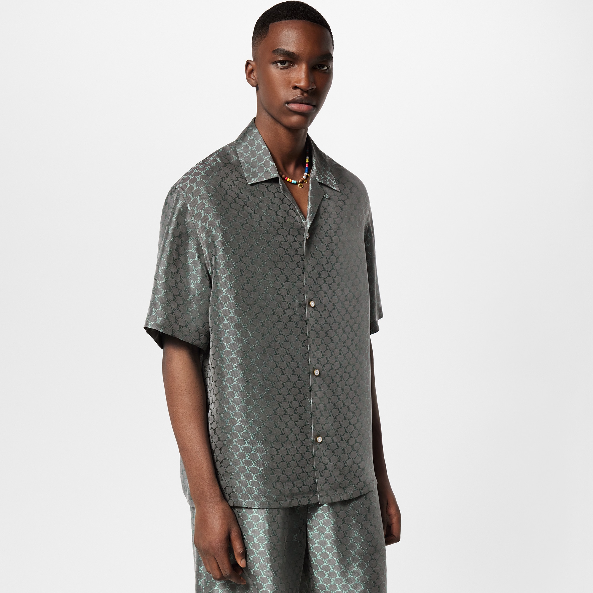 Camicia a maniche corte in misto seta con trama jacquard  Uomo Abbigliamento Camicie | LOUIS VUITTON (Zoom prodotto)
