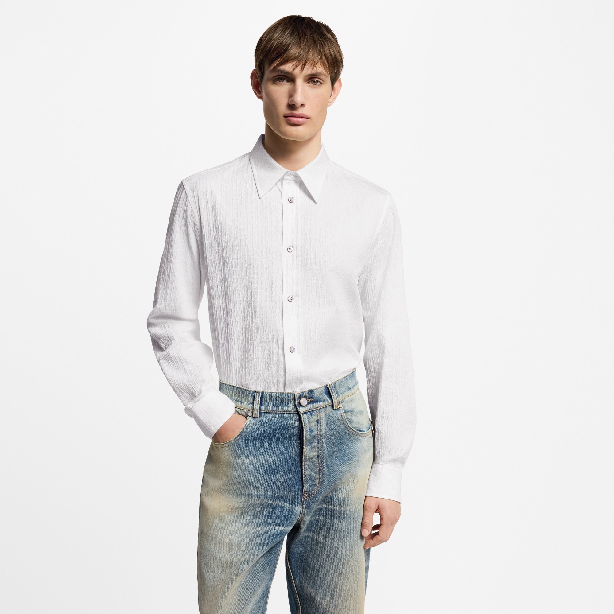 Camicia a maniche lunghe in cotone con motivo Monogram in trama jacquard  Uomo Abbigliamento Camicie | LOUIS VUITTON (Zoom prodotto)