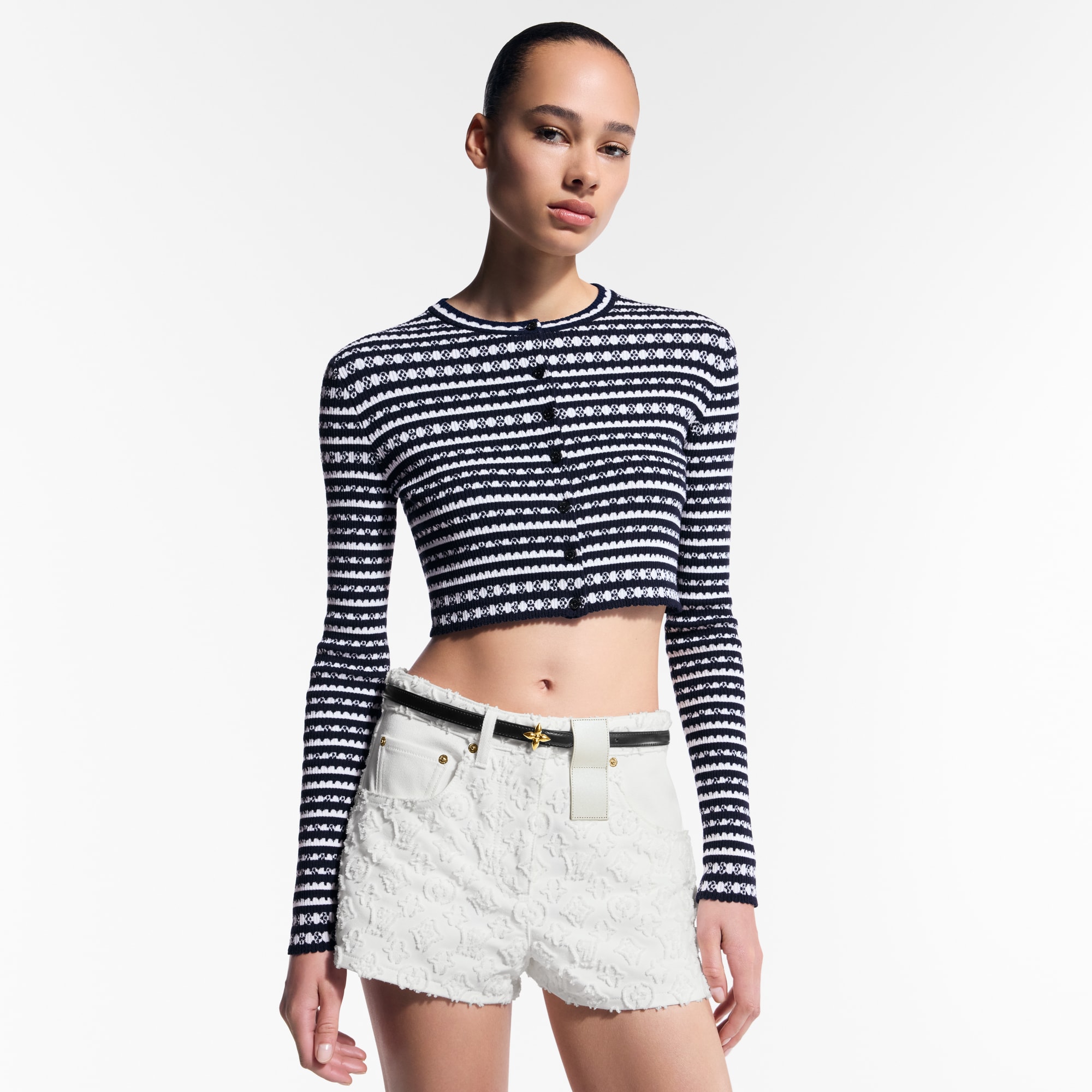 Cardigan con motivo a righe e dettagli smerlati  Donna Abbigliamento Maglieria | LOUIS VUITTON (Zoom prodotto)