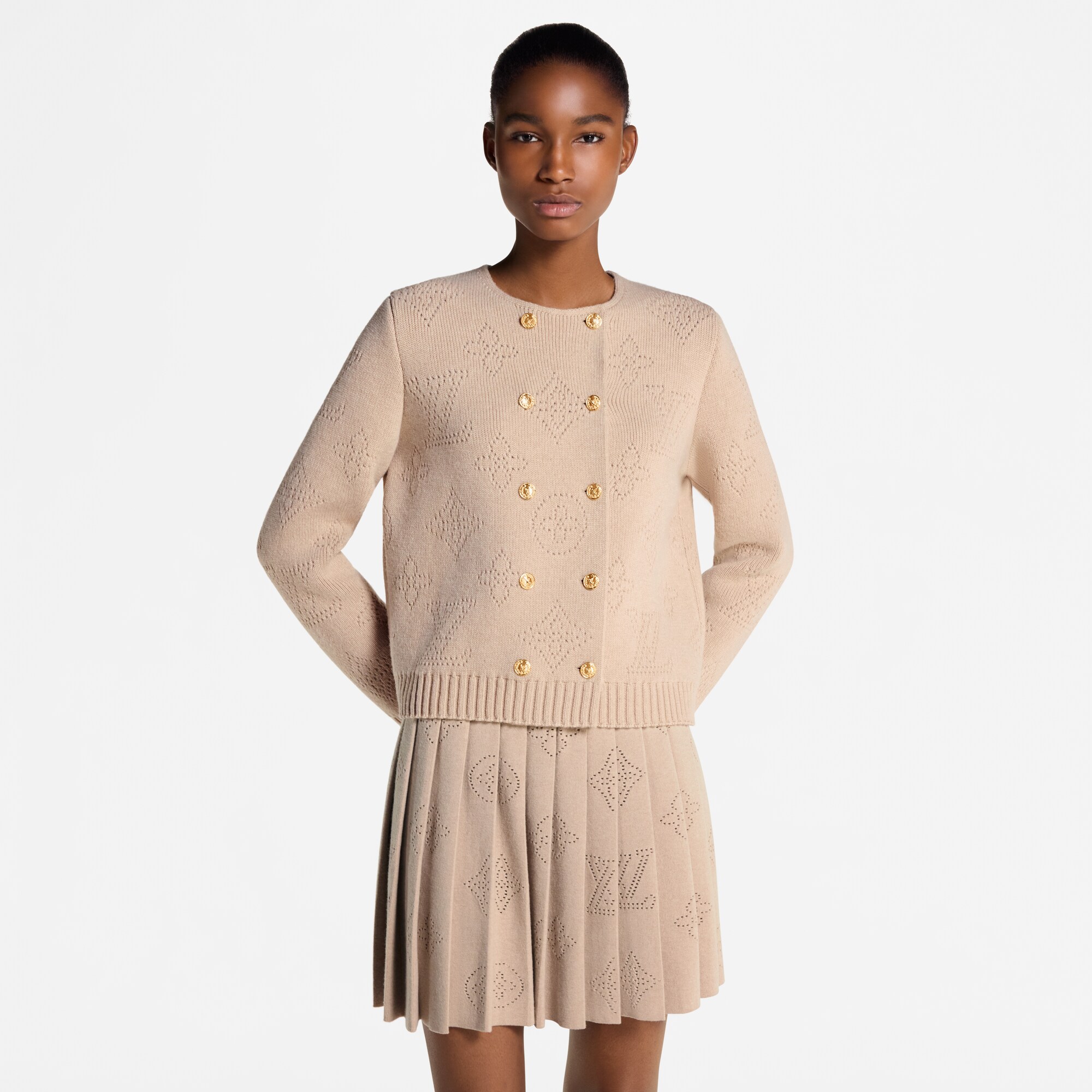 Cardigan doppio petto in maglia con motivo Monogram Mahina  Donna Abbigliamento Maglieria | LOUIS VUITTON (Zoom prodotto)