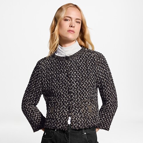 Cardigan in tweed effetto glitter con tasca e firma cropped view