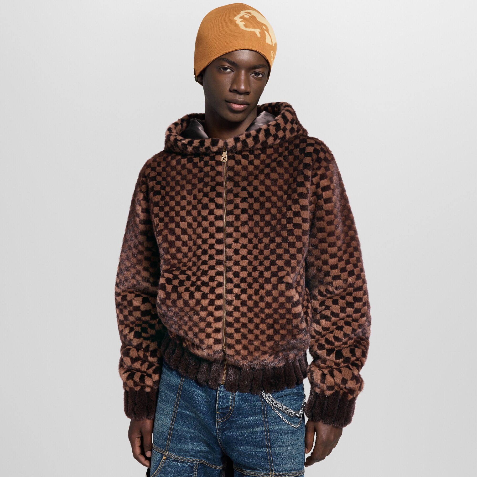Felpa in visone con motivo Damier a intarsio, zip e cappuccio  Uomo Abbigliamento Tutti i Capi di Abbigliamento | LOUIS VUITTON (Zoom prodotto)