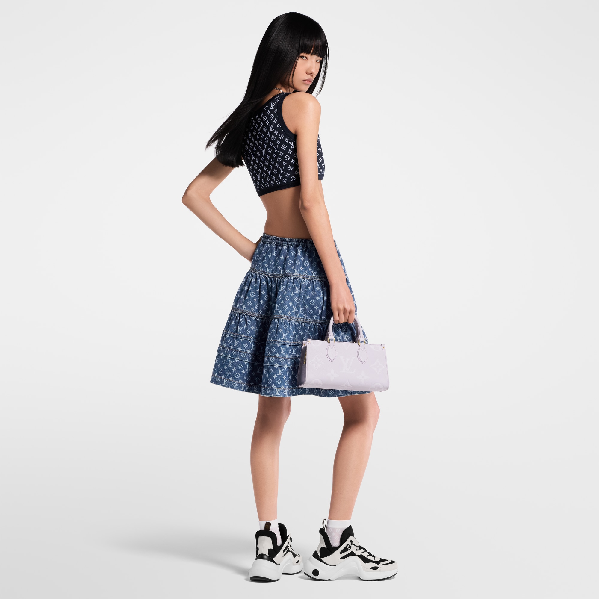 Gonna a strati in denim con motivo Monogram  Donna Abbigliamento Gonne e Shorts | LOUIS VUITTON (Zoom prodotto)