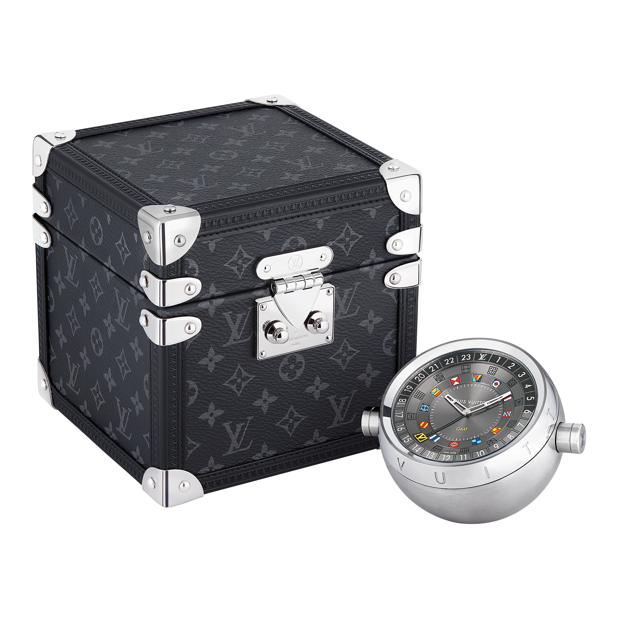 Orologio da tavolo Trunk, al quarzo, 80 mm, acciaio, tela Monogram Eclipse  Orologi Tutti gli orologi } | LOUIS VUITTON (Zoom prodotto)