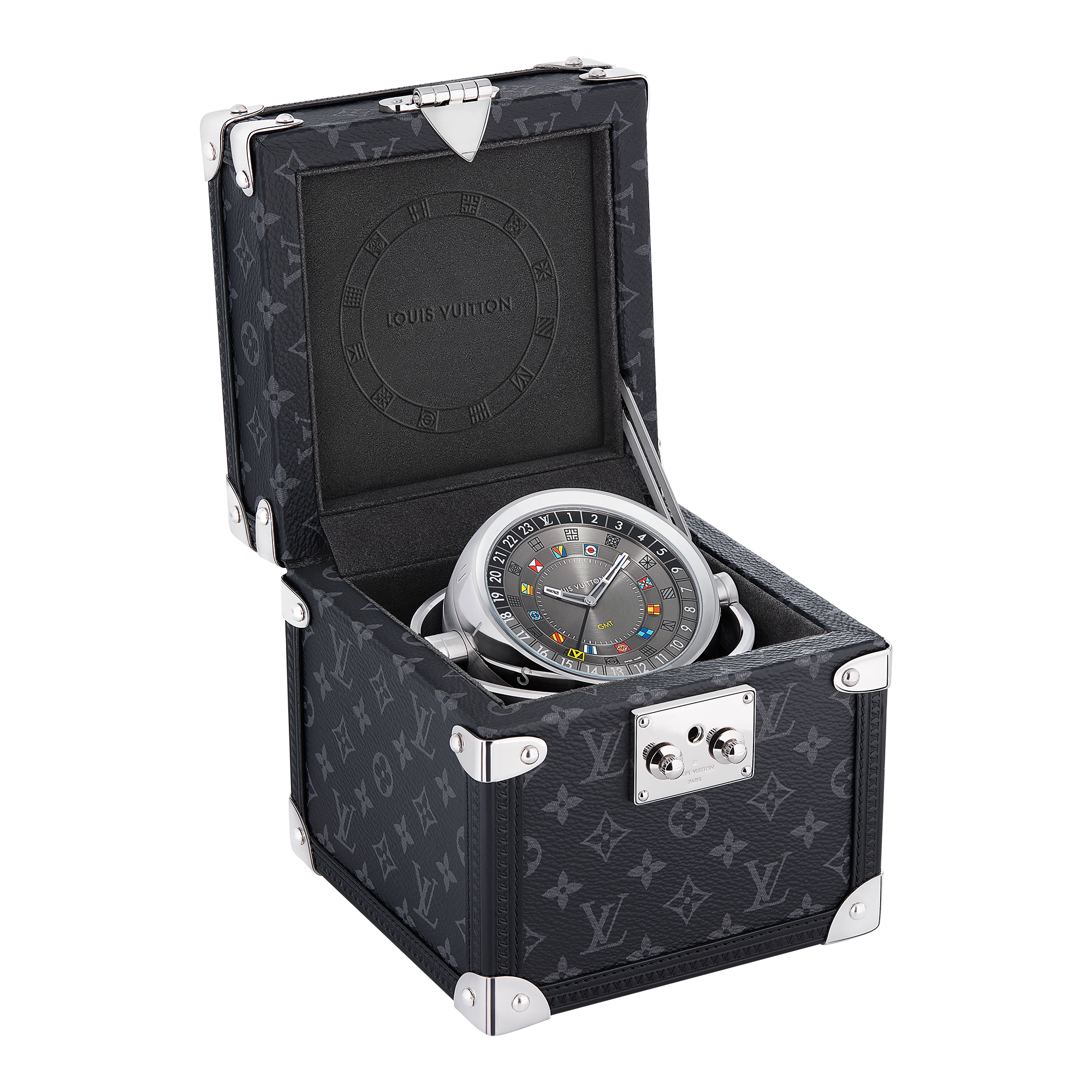 Orologio da tavolo Trunk, al quarzo, 80 mm, acciaio, tela Monogram Eclipse  Orologi Tutti gli orologi } | LOUIS VUITTON (Zoom prodotto)