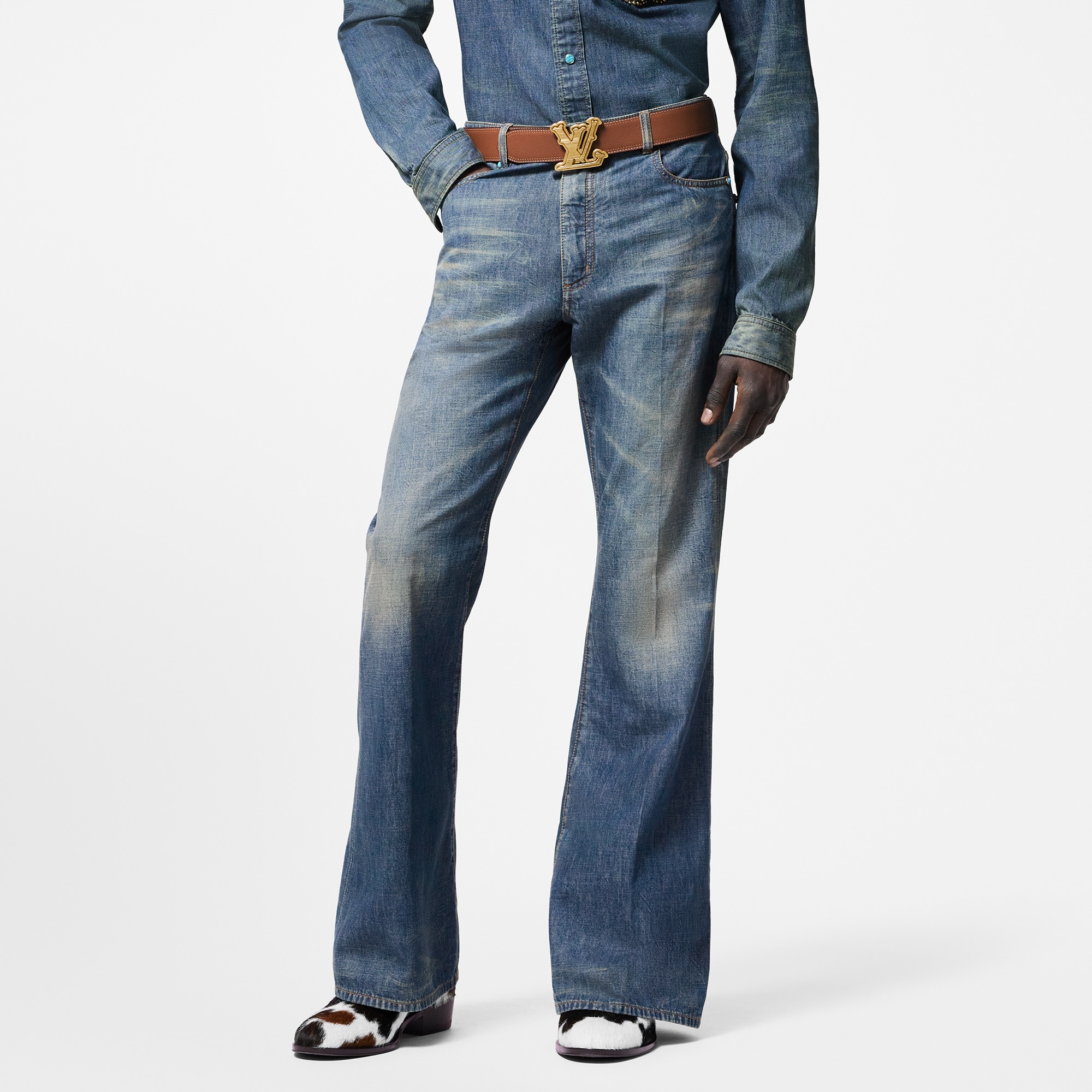 Pantaloni svasati in chambray di cotone con decori  Uomo Discontinued Product Obs 13 | LOUIS VUITTON (Zoom prodotto)