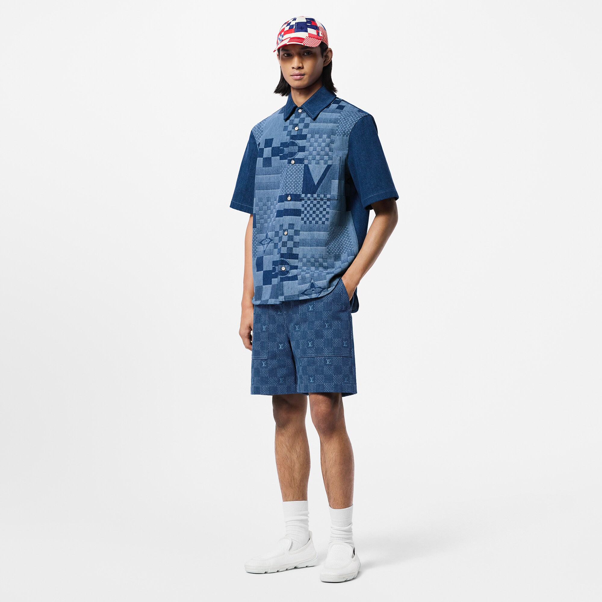 Shorts in denim con motivo Damier e ricami  Uomo Abbigliamento Collezione Denim | LOUIS VUITTON (Zoom prodotto)