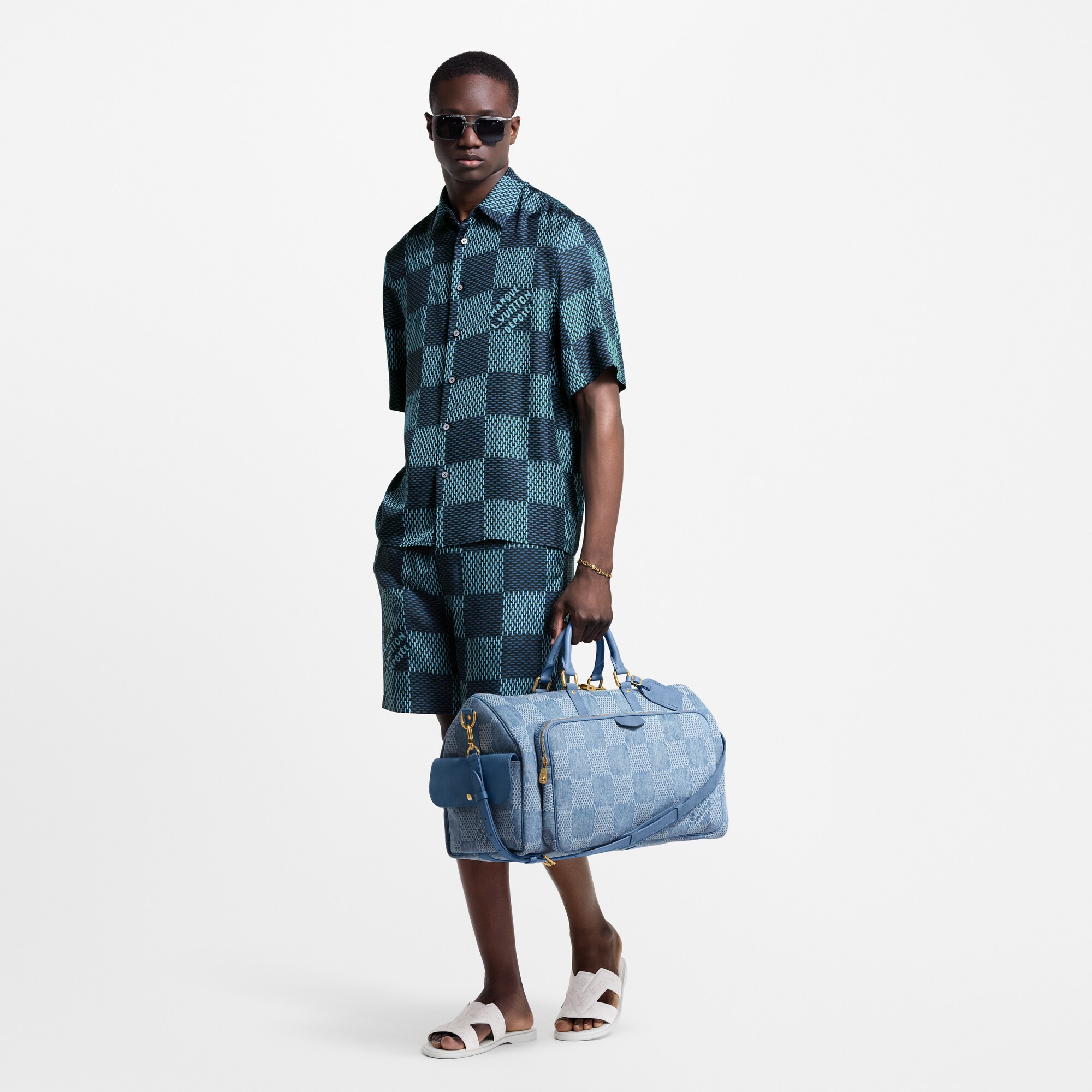 Shorts in seta con motivo Damier  Uomo Abbigliamento Pantaloni | LOUIS VUITTON (Zoom prodotto)