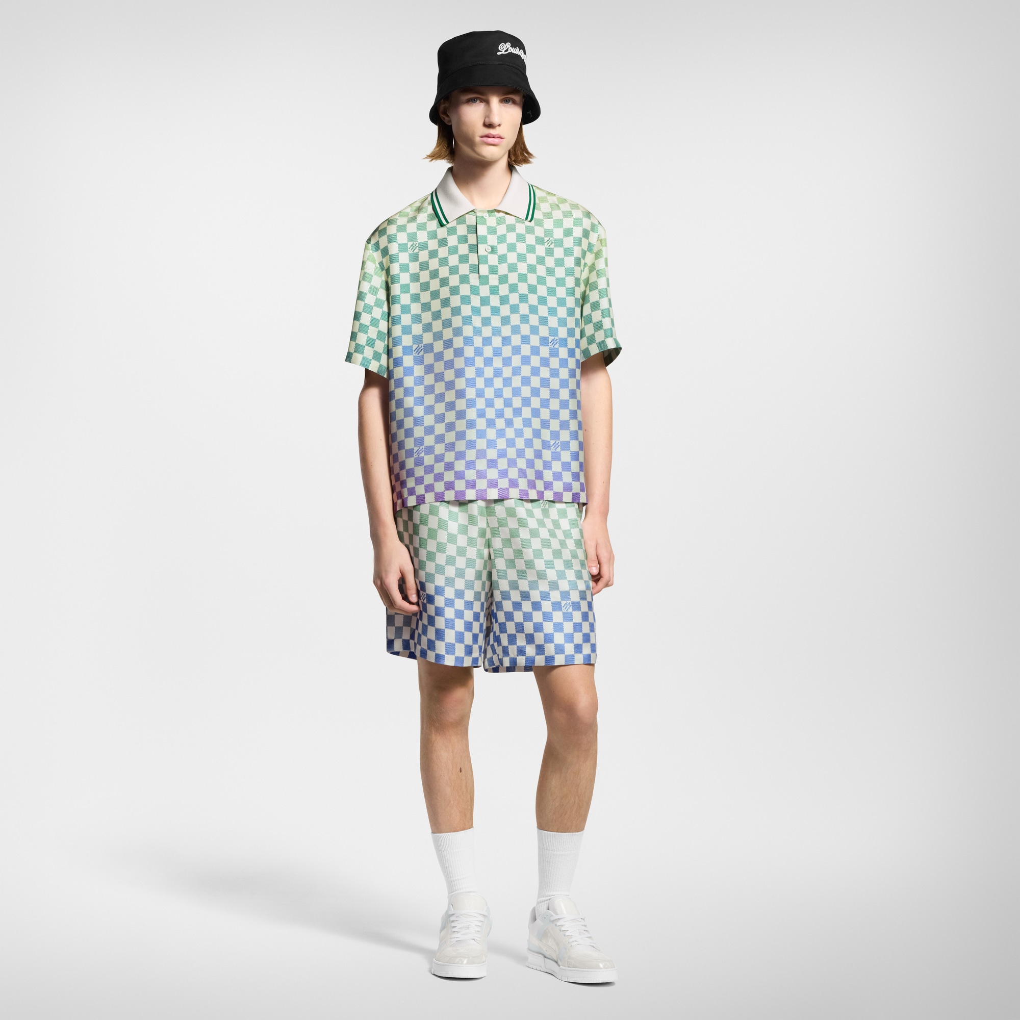 Shorts in seta con motivo Damier effetto sfumato stampato  in Uomo