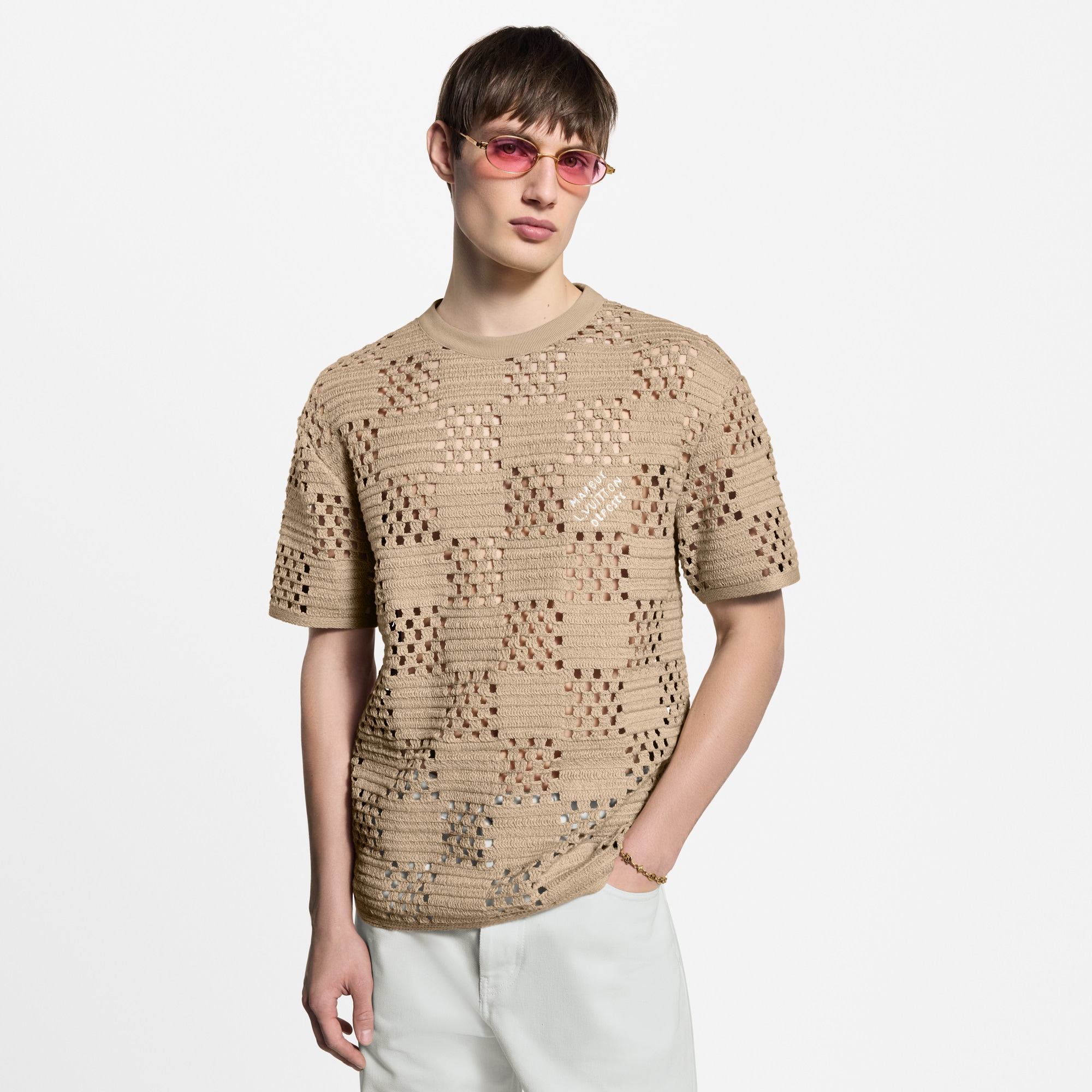 T-shirt in tessuto effetto raffia con motivo Damier  Uomo Abbigliamento T-Shirt e Polo | LOUIS VUITTON (Zoom prodotto)