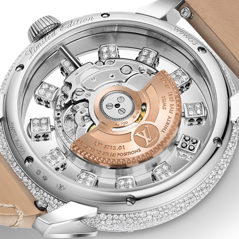 Tambour Taiko Spin Time Air, orologio automatico, 42,5 mm, oro bianco, occhio di falco e diamanti Orologi Tutti gli orologi } | LOUIS VUITTON (Zoom prodotto)