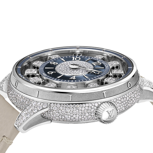 Tambour Taiko Spin Time Air, orologio automatico, 42,5 mm, oro bianco, occhio di falco e diamanti Orologi Tutti gli orologi } | LOUIS VUITTON (Zoom prodotto)