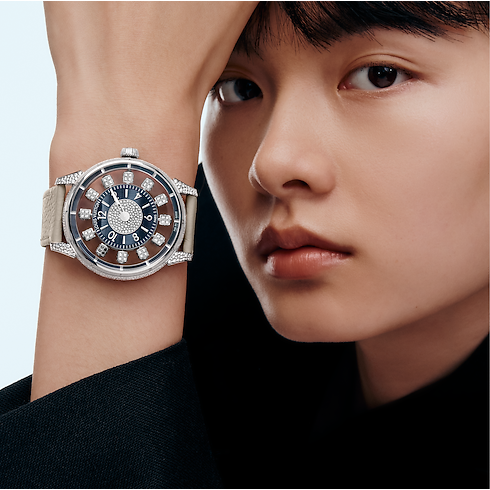 Tambour Taiko Spin Time Air, orologio automatico, 42,5 mm, oro bianco, occhio di falco e diamanti Orologi Tutti gli orologi } | LOUIS VUITTON (Zoom prodotto)