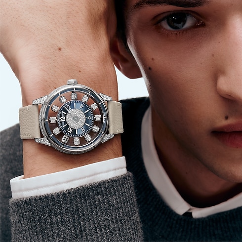 Tambour Taiko Spin Time Air, orologio automatico, 42,5 mm, oro bianco, occhio di falco e diamanti Orologi Tutti gli orologi } | LOUIS VUITTON (Zoom prodotto)