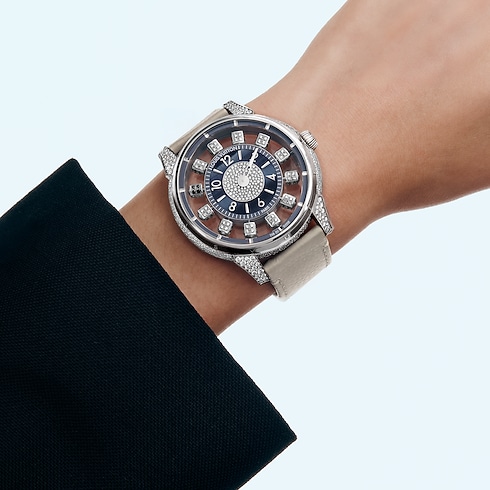 Tambour Taiko Spin Time Air, orologio automatico, 42,5 mm, oro bianco, occhio di falco e diamanti Orologi Tutti gli orologi } | LOUIS VUITTON (Zoom prodotto)