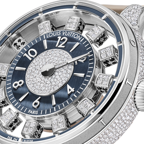 Tambour Taiko Spin Time Air, orologio automatico, 42,5 mm, oro bianco, occhio di falco e diamanti Orologi Tutti gli orologi } | LOUIS VUITTON (Zoom prodotto)
