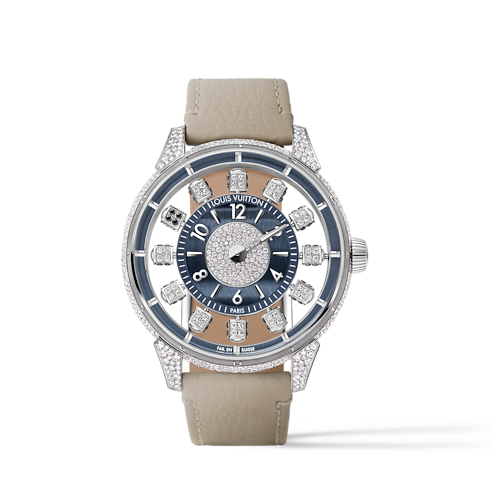 Tambour Taiko Spin Time Air, orologio automatico, 42,5 mm, oro bianco, occhio di falco e diamanti Orologi Tutti gli orologi } | LOUIS VUITTON (Zoom prodotto)