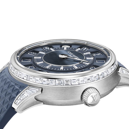 Tambour Spin Time, orologio automatico, 39,5 mm, oro bianco, occhio di falco e diamanti Orologi Tutti gli orologi } | LOUIS VUITTON (Zoom prodotto)