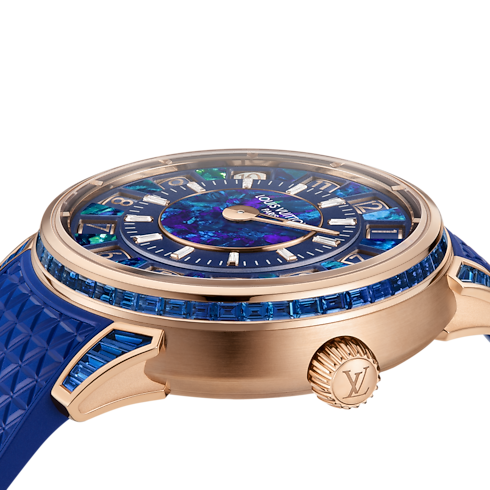 Tambour Spin Time, orologio automatico, 39,5 mm, oro rosa, opale e zaffiri Orologi Tutti gli orologi } | LOUIS VUITTON (Zoom prodotto)