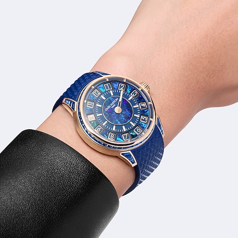 Tambour Spin Time, orologio automatico, 39,5 mm, oro rosa, opale e zaffiri Orologi Tutti gli orologi } | LOUIS VUITTON (Zoom prodotto)