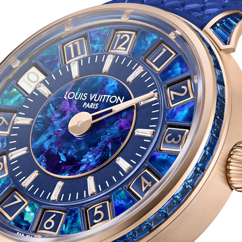 Tambour Spin Time, orologio automatico, 39,5 mm, oro rosa, opale e zaffiri Orologi Tutti gli orologi } | LOUIS VUITTON (Zoom prodotto)