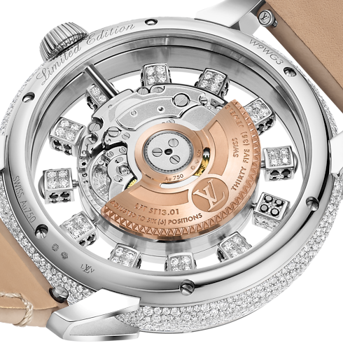Tambour Taiko Spin Time Air, orologio automatico, 42,5 mm, oro bianco, occhio di falco e diamanti Orologi Tutti gli orologi } | LOUIS VUITTON (Zoom prodotto)