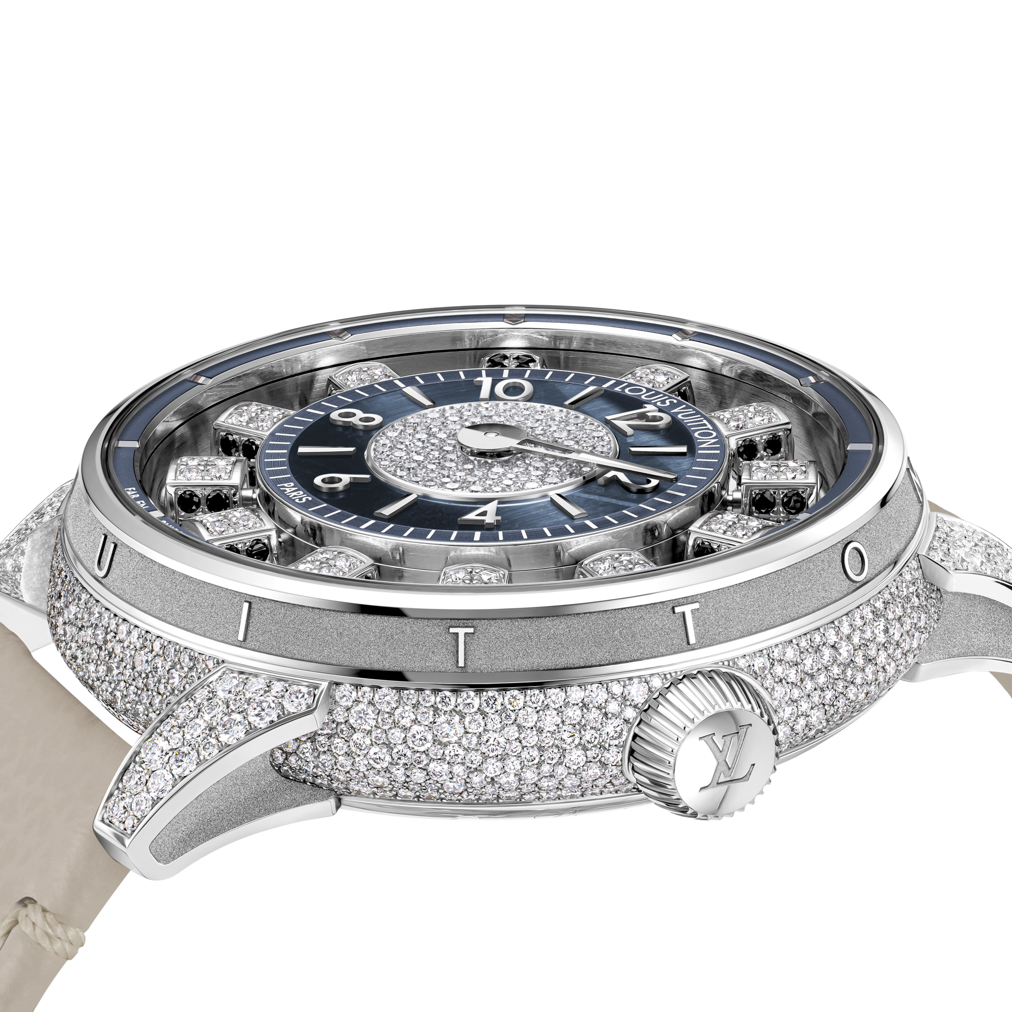 Tambour Taiko Spin Time Air, orologio automatico, 42,5 mm, oro bianco, occhio di falco e diamanti  Orologi Tutti gli orologi } | LOUIS VUITTON (Zoom prodotto)