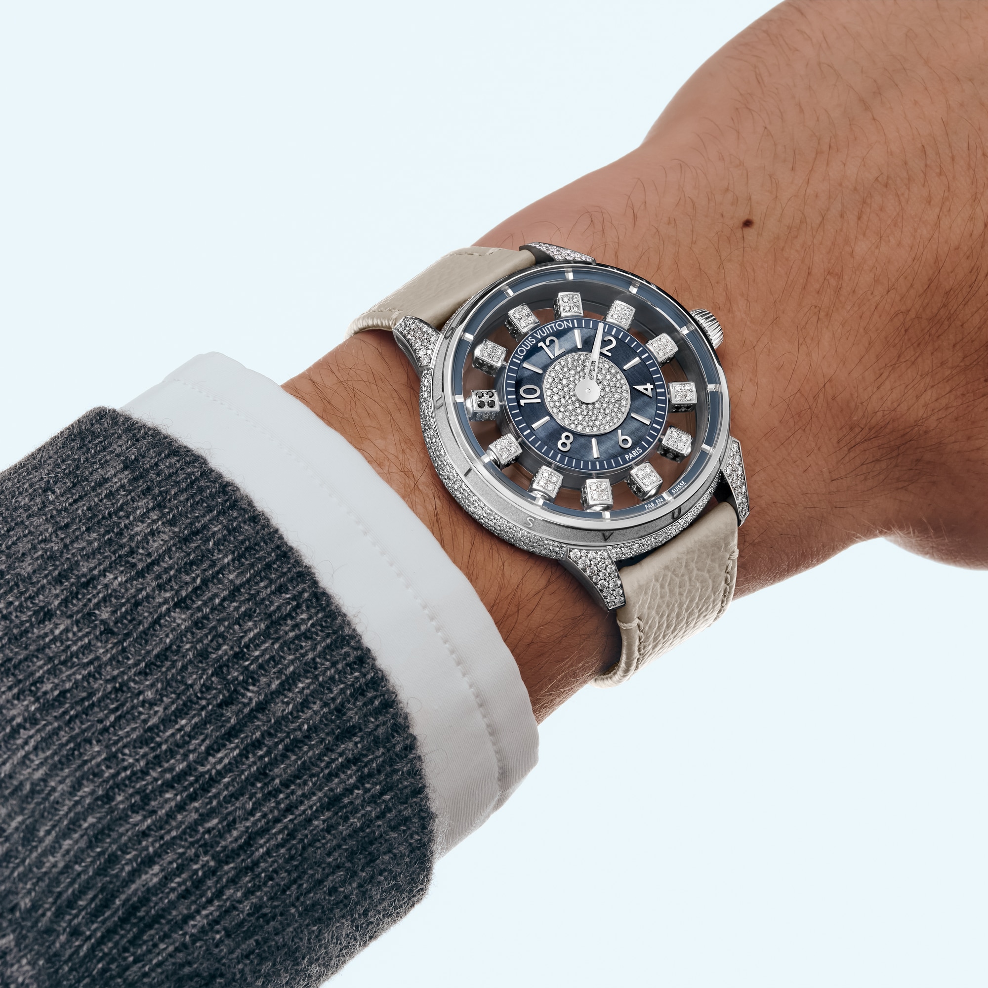 Tambour Taiko Spin Time Air, orologio automatico, 42,5 mm, oro bianco, occhio di falco e diamanti  Orologi Tutti gli orologi } | LOUIS VUITTON (Zoom prodotto)