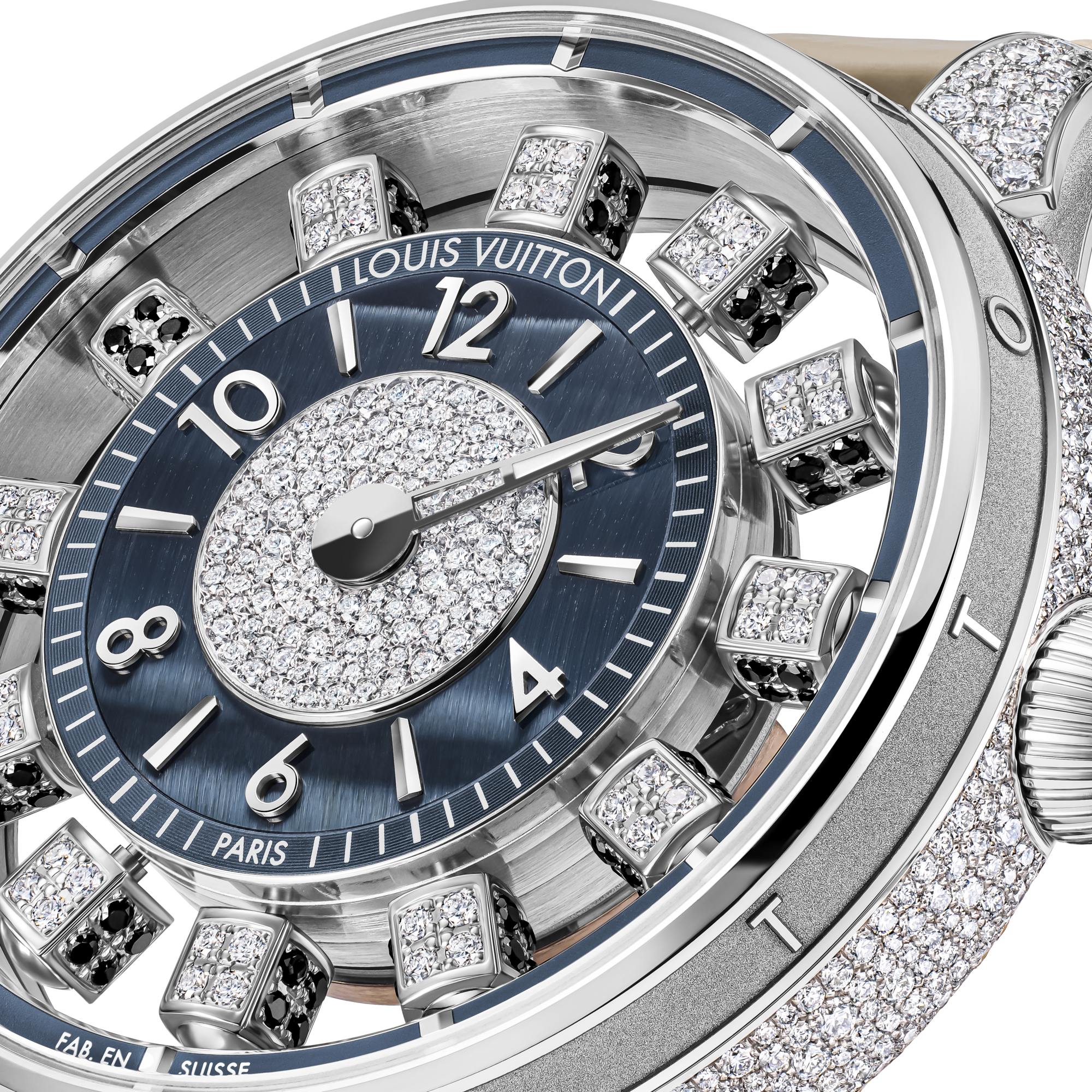 Tambour Taiko Spin Time Air, orologio automatico, 42,5 mm, oro bianco, occhio di falco e diamanti  Orologi Tutti gli orologi } | LOUIS VUITTON (Zoom prodotto)