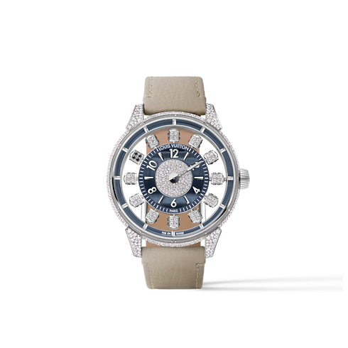 Tambour Taiko Spin Time Air, orologio automatico, 42,5 mm, oro bianco, occhio di falco e diamanti Orologi Tutti gli orologi } | LOUIS VUITTON (Zoom prodotto)